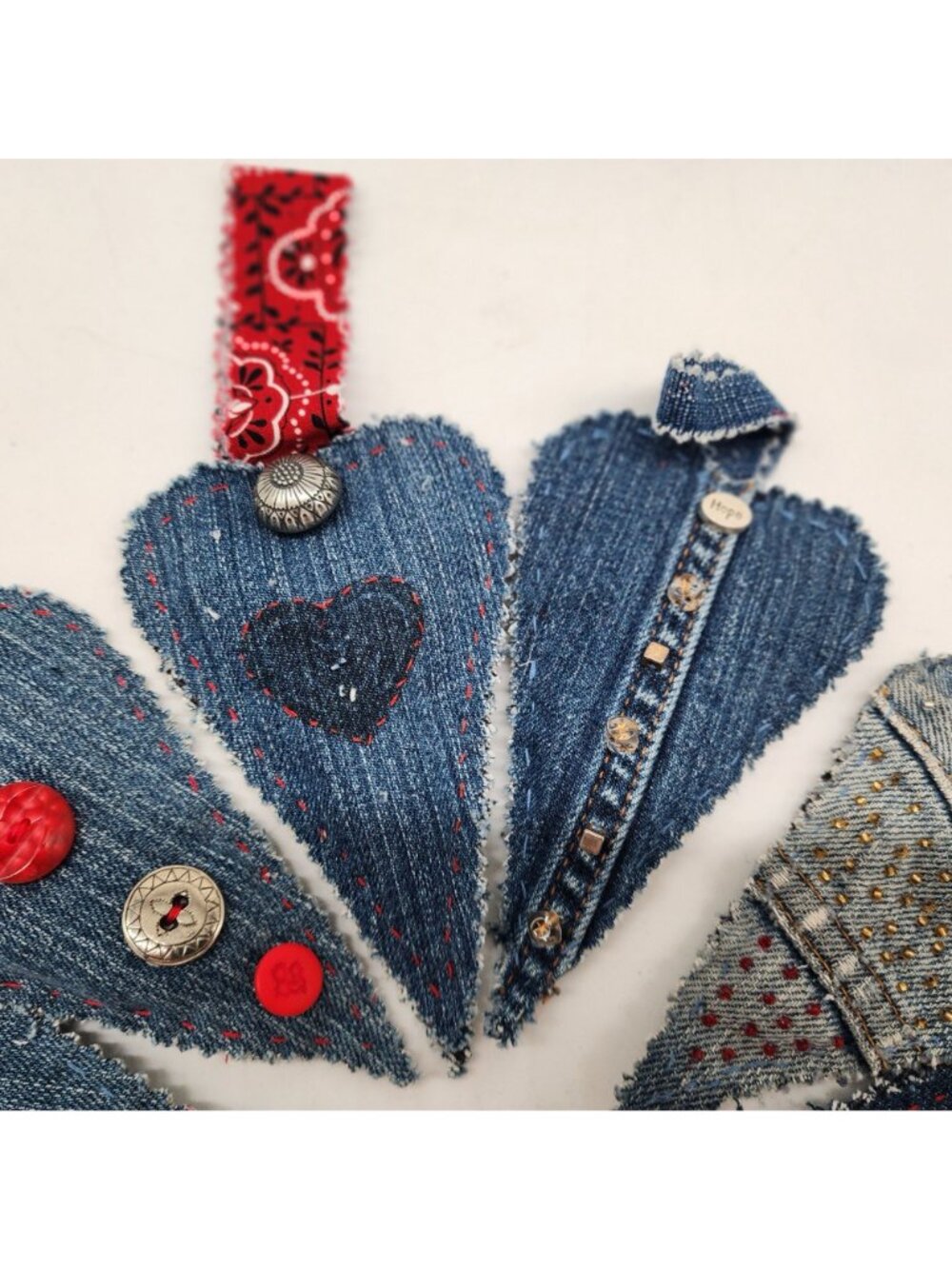 Denim Hanging Heart Ornaments Embellished Buttons Beads Embroidery Handmade - Picture 3 of 6